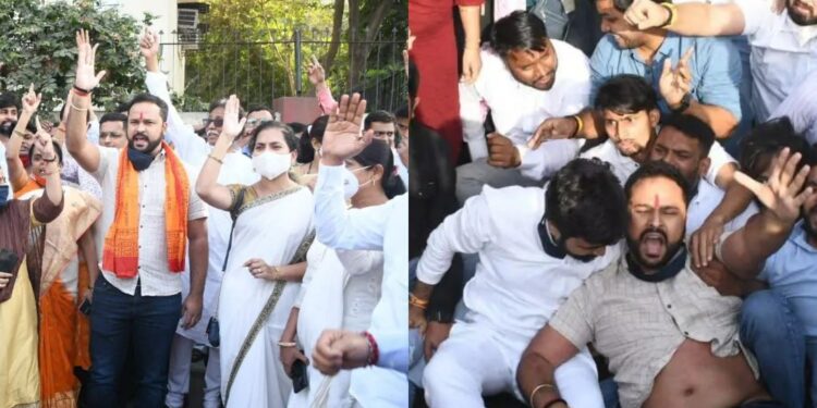 bharatiya-janata-yuva-morcha-workers-protest-move-to-rename-sports-complex-after-tipu-sultan